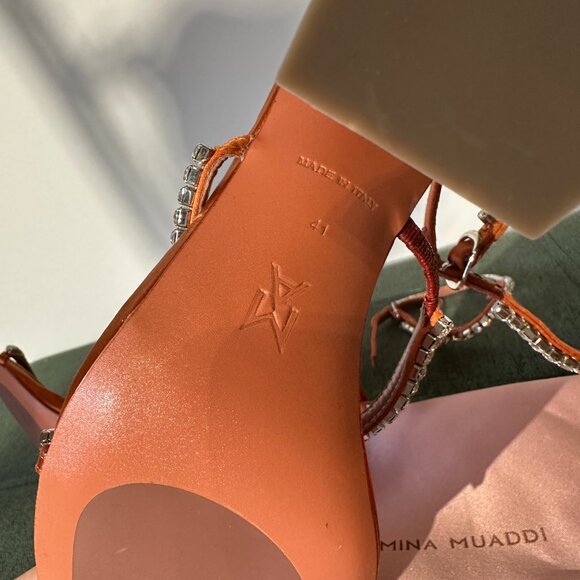 Amina Muaddi Gilda Embellished Ankle Strap Sandal Heels in Orange Satin - Picture 5 of 6